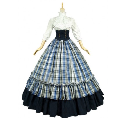 Victorian Gothic Ball Gown Reenactment Stage Punk Blue Tartan Lolita Dress Costume