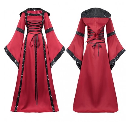 Medieval Retro Square Neck Strappy Pagoda Sleeves Hooded Dress