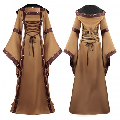 Medieval Retro Square Neck Strappy Pagoda Sleeves Hooded Dress