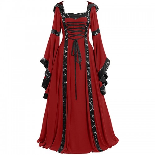 Historical Medieval Retro Hooded Dress with Square Collar Halloween Party
