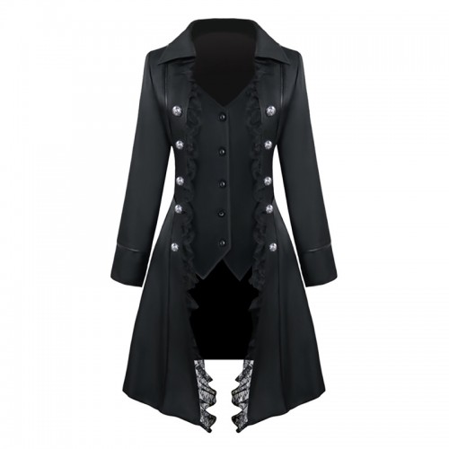 Historical Medieval Solid Long Sleeve Three Breasted Coat Top Dress