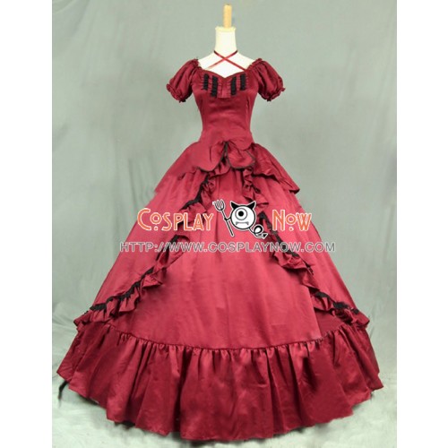 Victorian Southern Belle Ball Gown Reenactment Halloween Red Lolita Dress Costume