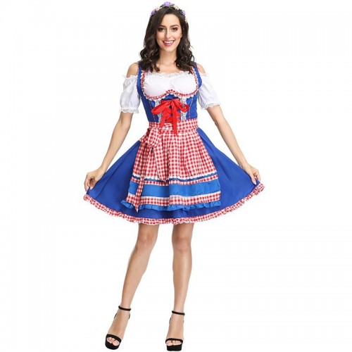 German Oktoberfest Festival Costume Waiter Maid Halloween Plaid Dress