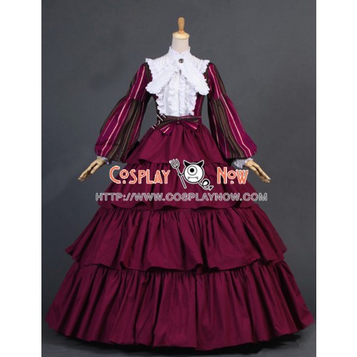 Civil War Victorian Striped Puff Sleeved Tiered Party Gown Period Lolita Dress Costume