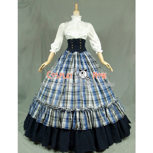 Victorian Gothic Ball Gown Reenactment Stage Punk Blue Tartan Lolita Dress Costume