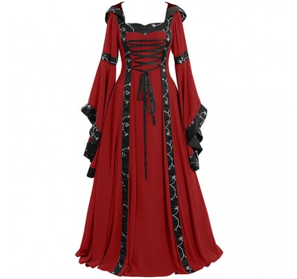 Historical Medieval Retro Hooded Dress with Square Collar Halloween Party 