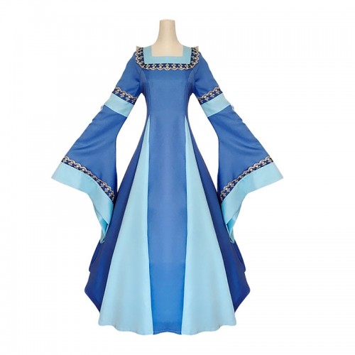 Medieval Historical Square Collar Long Trumpet Sleeve Dress