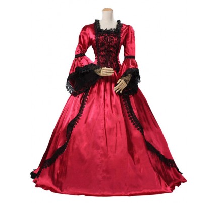 Marie Antoinette Gothic Victorian Gown Satin Reenactment Clothing Red Lolita Dress Costume