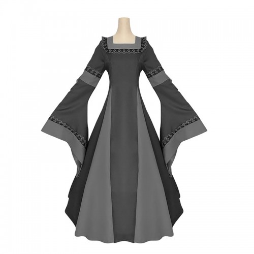 Medieval Historical Square Collar Long Trumpet Sleeve Dress