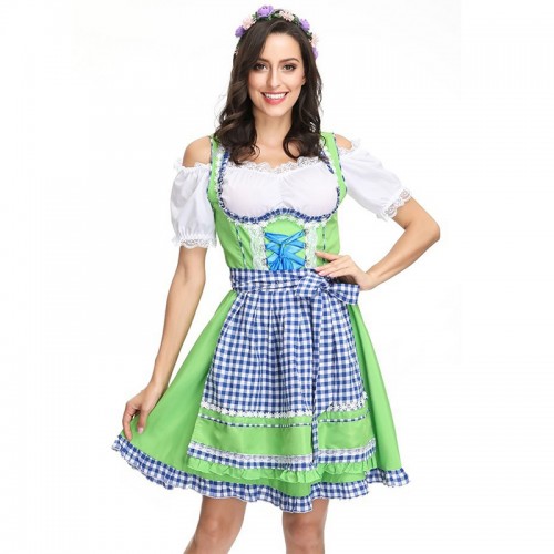 German Oktoberfest Festival Costume Waiter Maid Halloween Plaid Dress