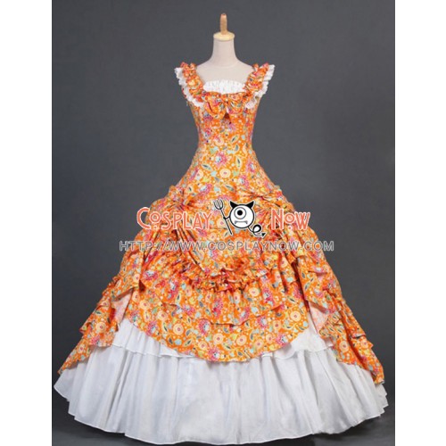 Victorian Southern Belle Ball Gown Reenactment Orange Floral Lolita Dress Costume