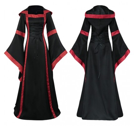 Medieval Retro Square Neck Strappy Pagoda Sleeves Hooded Dress