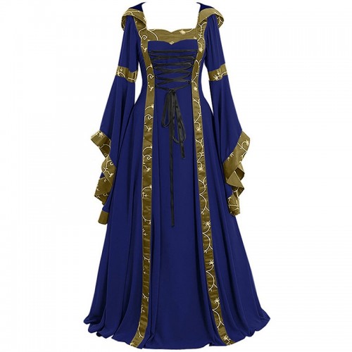 Historical Medieval Retro Hooded Dress with Square Collar Halloween Party