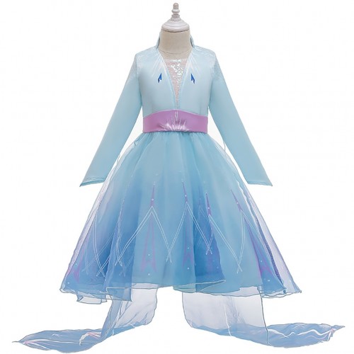 Frozen Cosplay Princess Elsa Costume Long Blue Stand Collar Girl Dress for Children