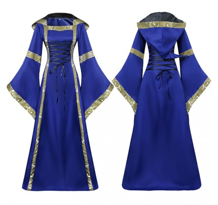 Medieval Retro Square Neck Strappy Pagoda Sleeves Hooded Dress