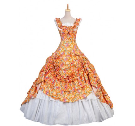 Victorian Southern Belle Ball Gown Reenactment Orange Floral Lolita Dress Costume