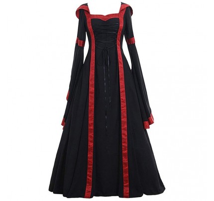 Historical Medieval Retro Hooded Dress with Square Collar Halloween Party 
