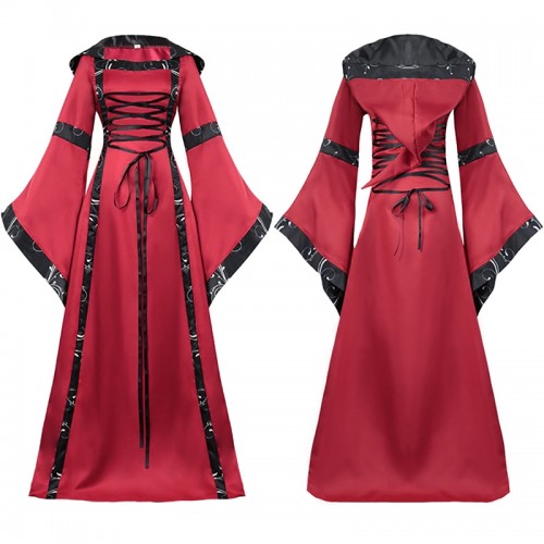 Medieval Retro Square Neck Strappy Pagoda Sleeves Hooded Dress